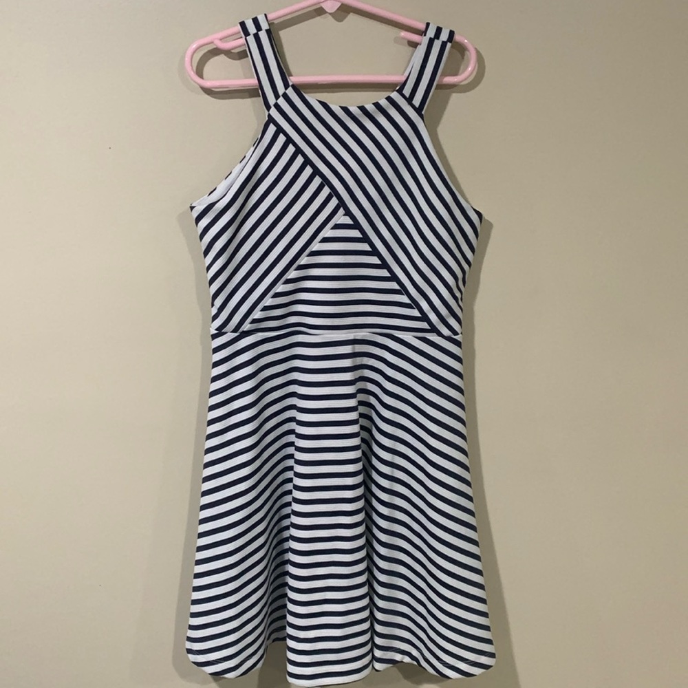 Girls navy & white striped dress